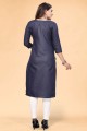 Printed Cotton Straight Kurti in Navy blue with Dupatta
