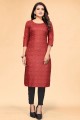 Cotton Red Straight Kurti in Printed