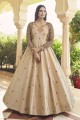 Beige Gown Dress in Cotton with Embroidered