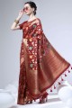 Zari,weaving Tussar silk Saree in Red with Blouse