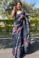 Blue Saree with Embroidered,digital print Organza