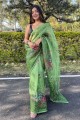 Organza Saree with Embroidered,digital print in Green