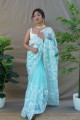 Organza Thread,embroidered Sky blue Saree with Blouse