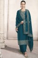 Silk Pakistani Suit with Embroidered in Teal blue