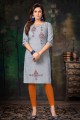 Blue Embroidered Straight Kurti in Cotton
