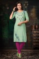Green Straight Kurti in Embroidered Cotton