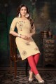 Peach Straight Kurti in Cotton with Embroidered