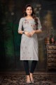 Grey Straight Kurti with Embroidered Cotton