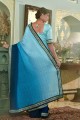 Chinon chiffon Mirror,embroidered Blue Saree with Blouse