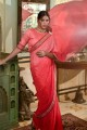 Chinon chiffon Mirror,embroidered Red Saree with Blouse