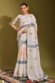 Linen Printed White Saree with Blouse