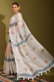 Linen Printed White Saree with Blouse
