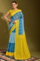 Linen Printed Blue Saree with Blouse