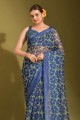 Saree with Blue Printed Linen