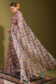 Peach Saree in Printed Linen