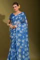 Printed Linen Saree in Blue with Blouse