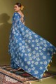 Printed Linen Saree in Blue with Blouse