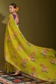 Printed Linen Saree in Green with Blouse