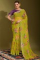 Printed Linen Saree in Green with Blouse