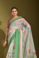 Printed White Saree in Linen