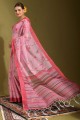 Printed Linen Saree in Pink with Blouse