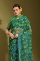 Green Linen Saree with Printed