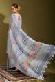 Printed Saree in Sky blue Linen