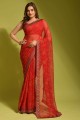 Red Party Wear Saree in Printed Chiffon