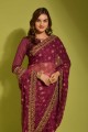 Embroidered,printed Saree in Wine  Georgette