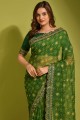 Embroidered,printed Georgette Saree in Green with Blouse