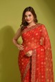 Georgette Embroidered,printed Red Saree with Blouse