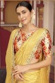 Printed,lace border Silk Saree in Yellow with Blouse