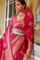 Pink Printed,weaving Silk Saree with Blouse