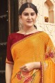 Embroidered,printed,lace Saree in Yellow Chinon chiffon