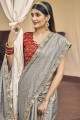 Grey Saree in Embroidered,printed,stone with moti Silk