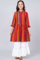 Printed Rayon Girls Dress in Red with Dupatta
