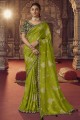Resham,zari,embroidered Viscose Parrot green Saree with Blouse
