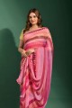 Chiffon Saree with Mirror,embroidered,printed in Pink