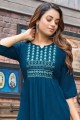 Rayon Teal blue Indo Western Kurti in Embroidered