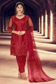Embroidered Net Pakistani Suit in Red with Dupatta