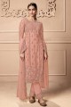 Net Pakistani Suit with Embroidered in Pink