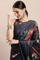 Digital print Satin Saree in Navy blue with Blouse