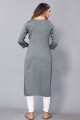 Embroidered Cotton Straight Kurti in Grey