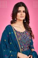 Embroidered Chinon chiffon Gown Dress in Navy blue with Dupatta