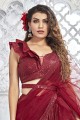 Net Red Party Lehenga Choli in Embroidered