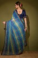 Blue Saree in Stone,printed,lace Georgette