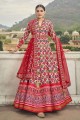 Digital print Silk Gown Dress in Red with Dupatta