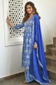 Blue Printed Anarkali Suit in Cotton
