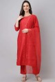 Chinon chiffon Red Salwar Kameez in Embroidered