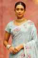 Organza Sky blue Saree in Embroidered,stone with moti